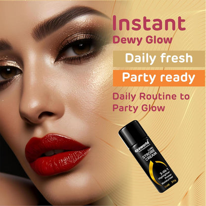 Advertisement for a cosmetic product with a woman's face and product packaging on a beige background.