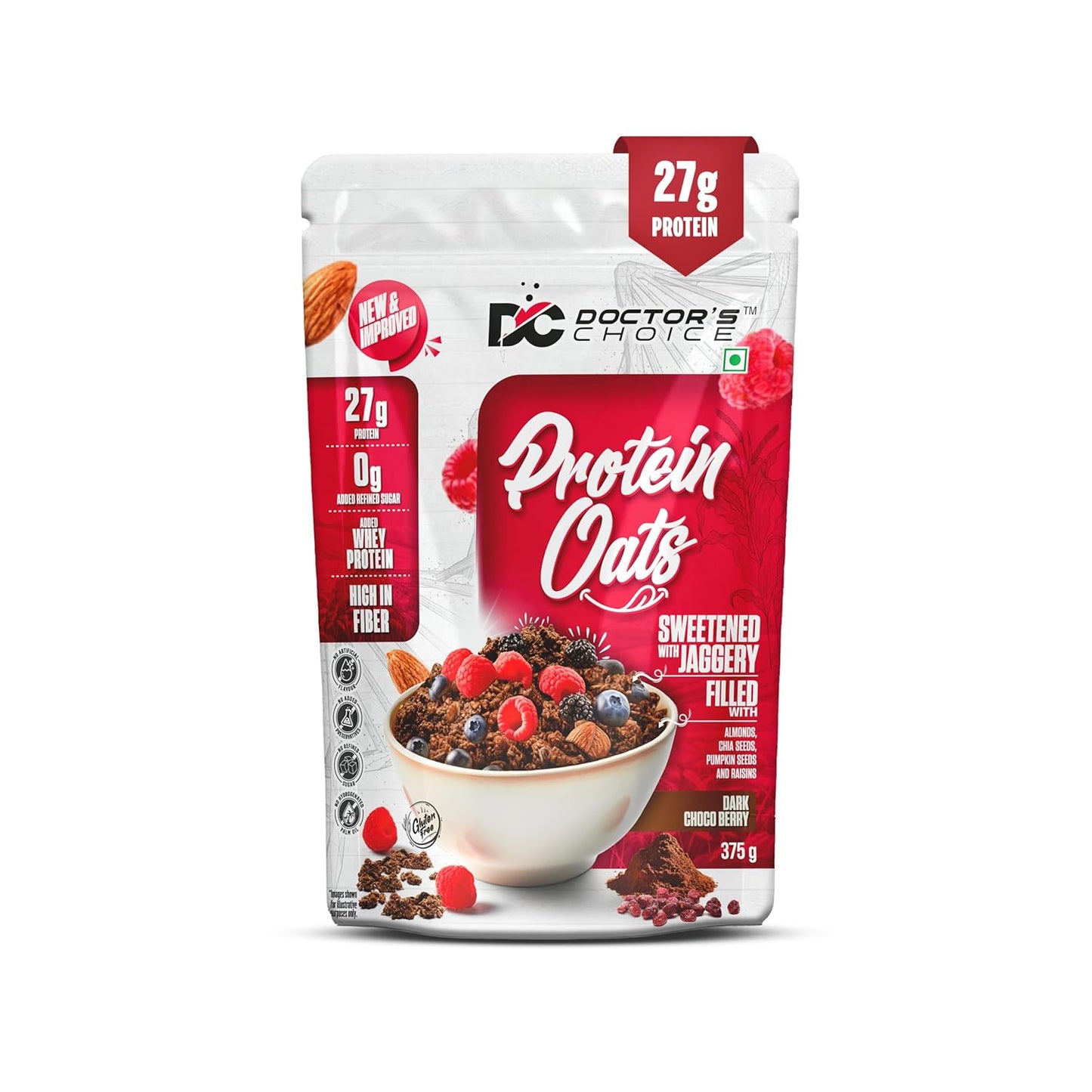 Doctors Choice High Protein Oats 375g | 27g Protein Oatmeal | Dark Choco Berry Flavor | No Added Sugar | Gluten Free | High Fiber Healthy Breakfast Oats