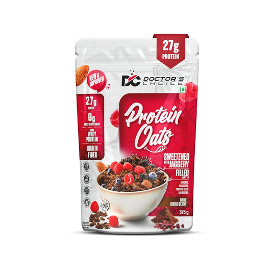 Doctors Choice High Protein Oats 375g | 27g Protein Oatmeal | Dark Choco Berry Flavor | No Added Sugar | Gluten Free | High Fiber Healthy Breakfast Oats