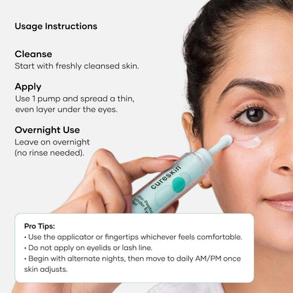 Cureskin product being applied to a person's eye with usage instructions displayed.