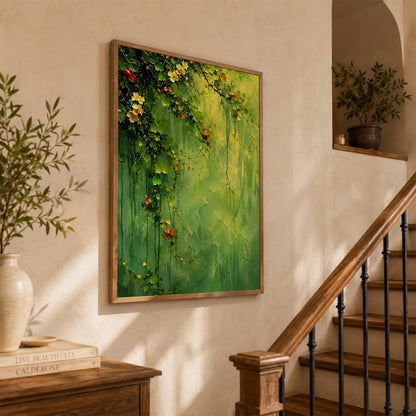 Green Floral Vine Wall Painting for Living Room Bedroom Hall Office Decor, Abstract Leaf Artwork with Sparkle Laminate and Premium Wooden Synthetic Frame (13.5 x 19.5 Inch) NM01-4111