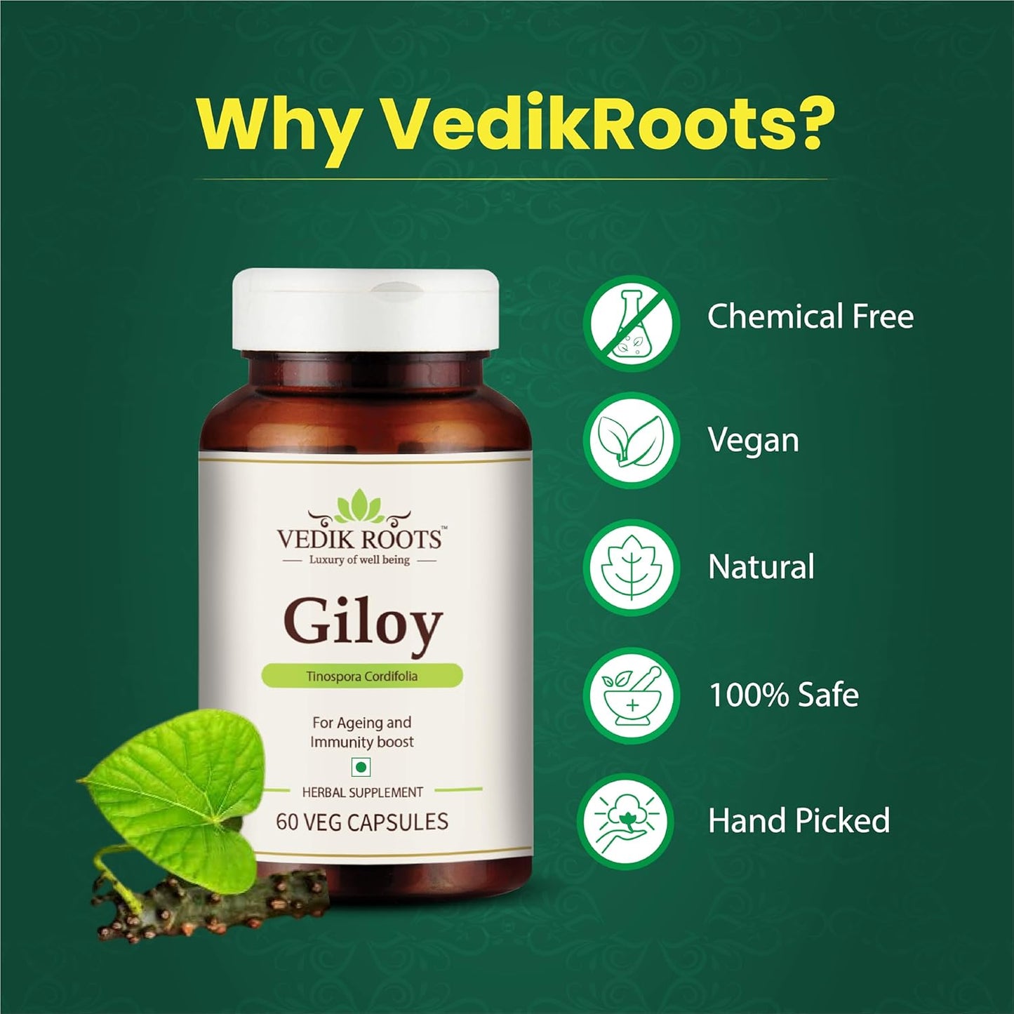 Vedik Roots Giloy supplement bottle with green leaf on a green background