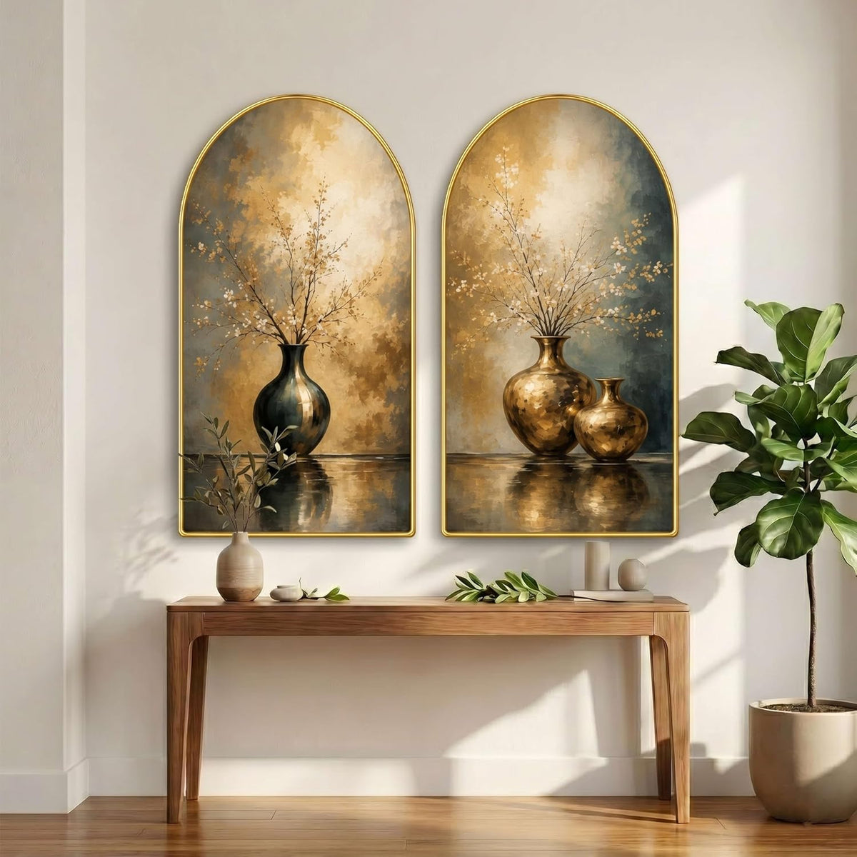 Set of 2 Vase Wall Painting for Living Room, Abstract Floral Modern Artwork, PVC Golden Frame, Arch Shape Wall Decor for Bedroom, Hall, Office & Gift (30 x 32 Inch) RPNL-02-114