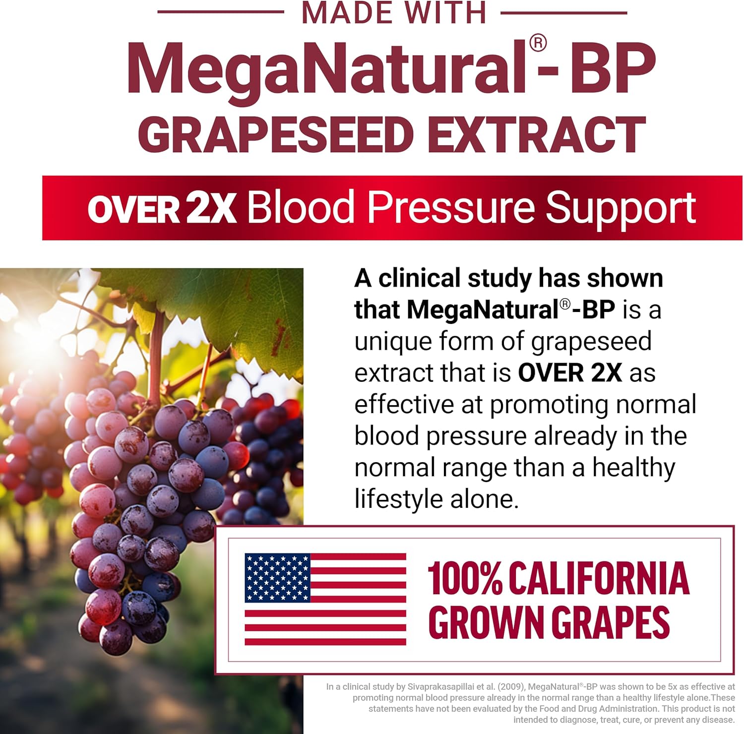 Advertisement for MegaNatural-BP grapeseed extract with grapes and text about blood pressure support.