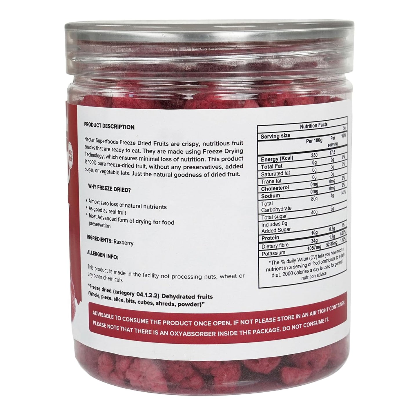 Nectar Superfoods Premium Freeze Dried Raspberry - 40 grams Jar-Pack of 1 Nos | No Oil, No Preservatives, No Sugar Added| Vegan | Baking, Cooking & Seasoning | Processed in India