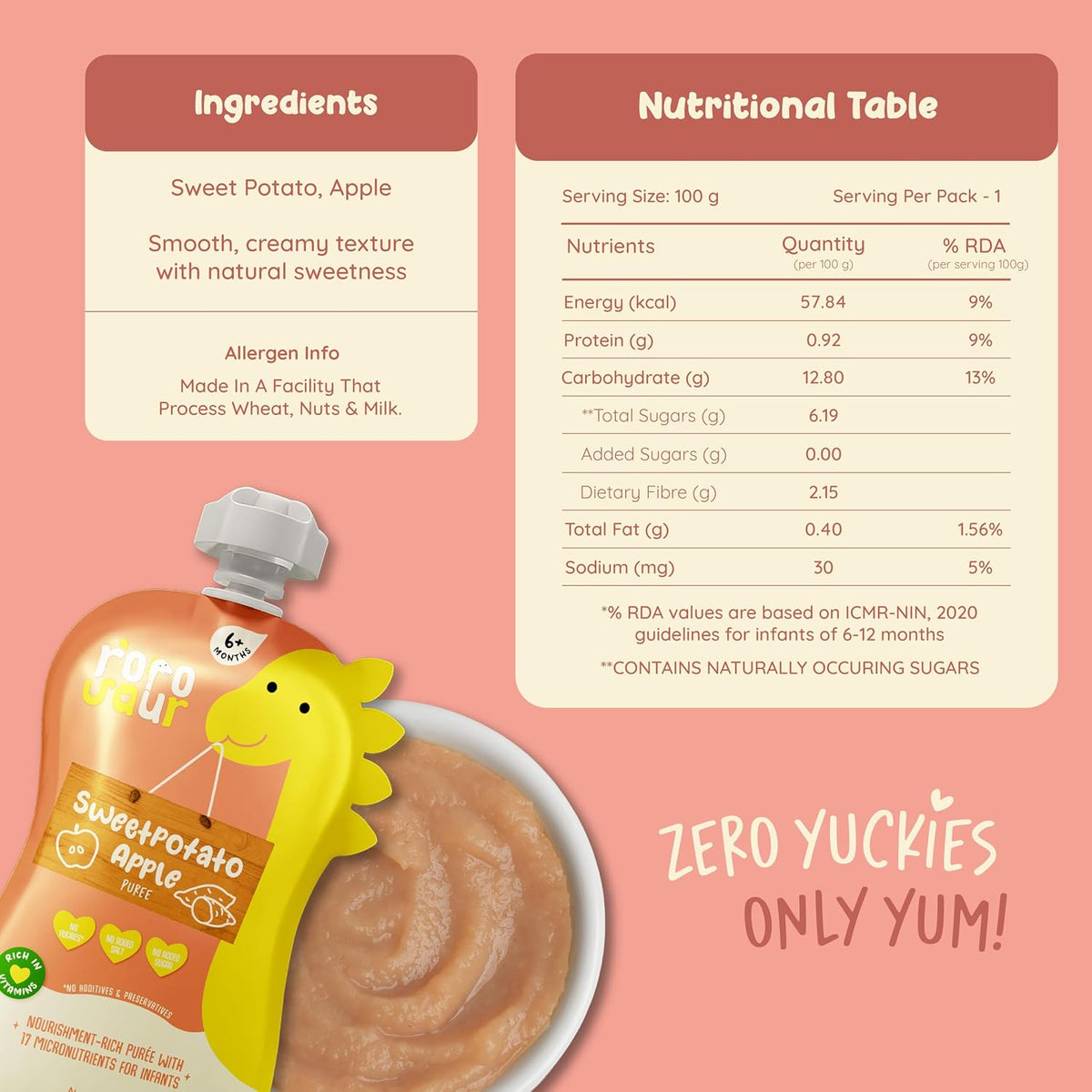Rorosaur Ready to Eat Fruit & Veggie Baby Food Puree Pouch for 6+ Months 100g each, Pk of 2 | Made With Sweet potato & Apple Puree | 100% Natural Healthy Snack, No Preservatives, No Added Sugar
