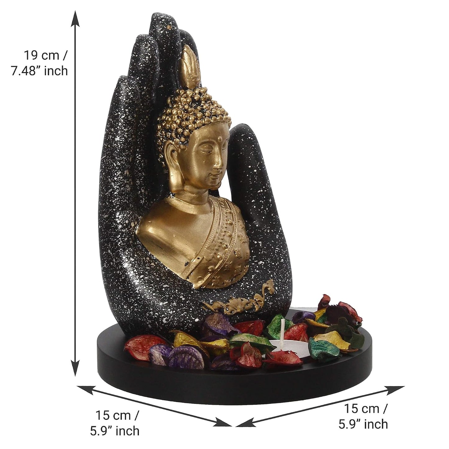 eCraftIndia Black Golden Resin Palm Buddha Statue Tea Light Candle Holder Showpiece