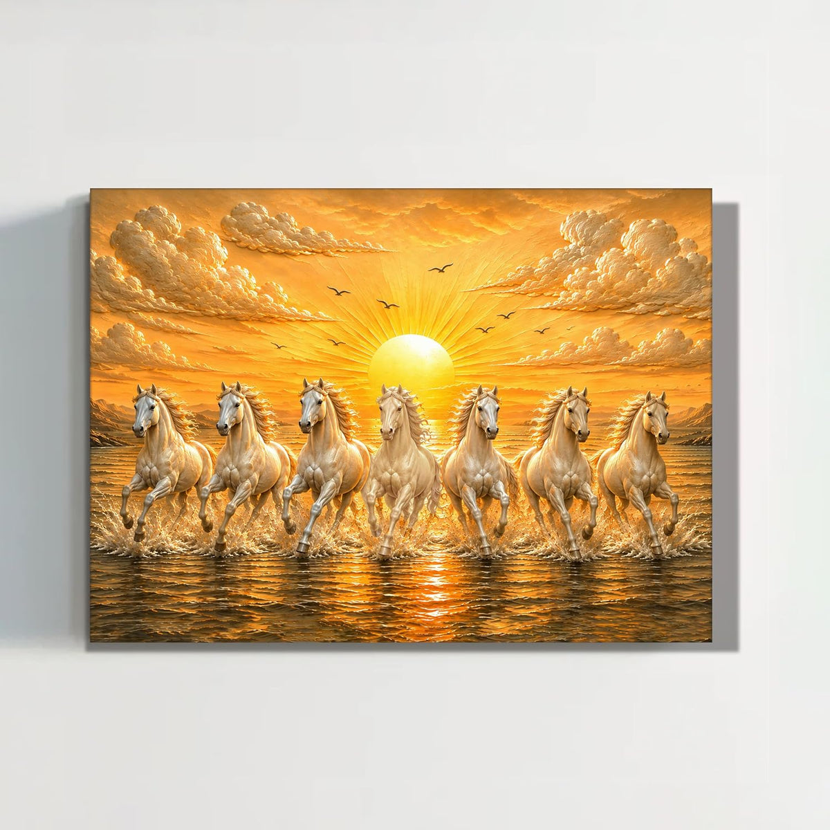 7 White Running Horses Canvas Painting For Living Room | Seven Running Horses Vastu Painting For Bedroom, Home & Office, Stretched Canvas, 16x22 Inch