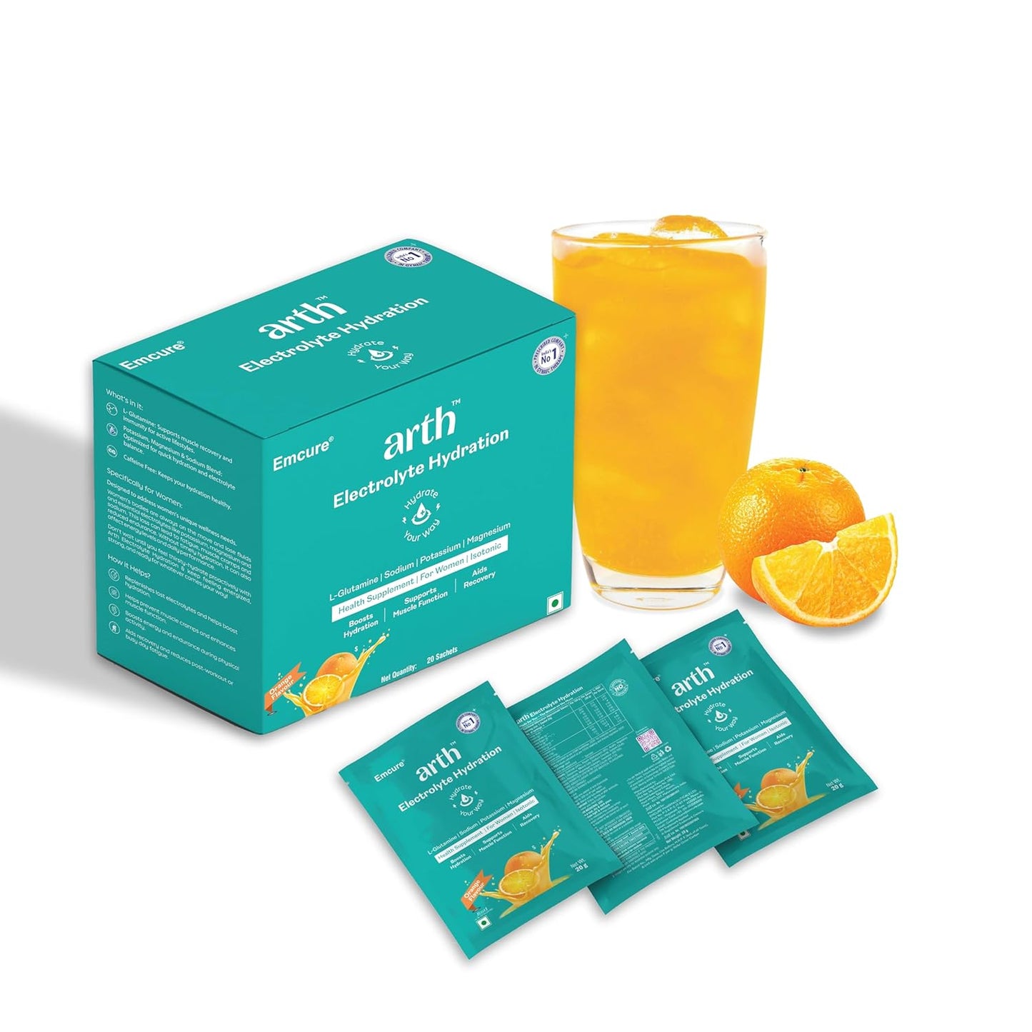 Arth Electrolyte Powder for Quick & Daily Hydration | With L-Glutamine, Potassium & Magnesium | Low Sodium Hydration Drink | Supports Muscle Recovery & Immunity | Orange Flavour | 20 Sachets