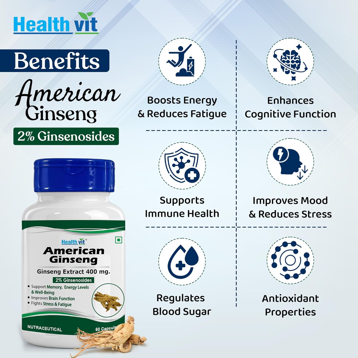 Health Vit American Ginseng supplement bottle with benefits listed on a blue and white background