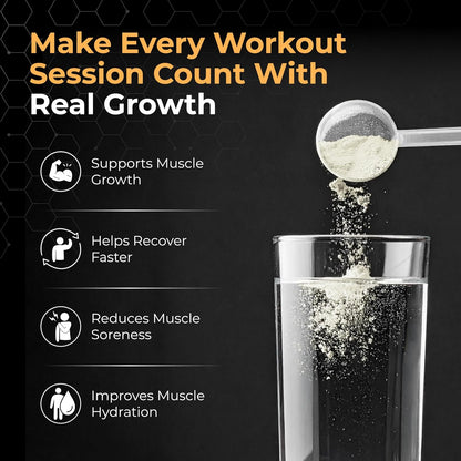 Supplement being added to a glass with text about workout benefits on a dark background