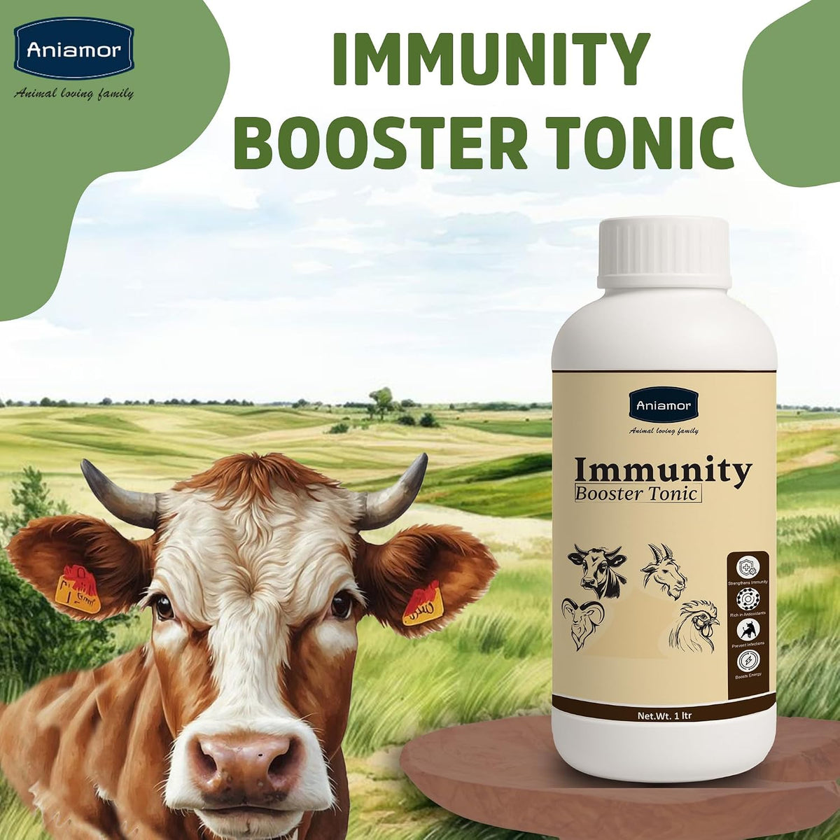 Aniamor Immunity Booster Tonic for Cattle, Cow, Buffalo, Goat, Sheep & Broilers | Vitamin A, D3, E, B12 with Selenium & Yeast Extract | Liquid Feed Supplement for Growth & Productivity | 1 Litre