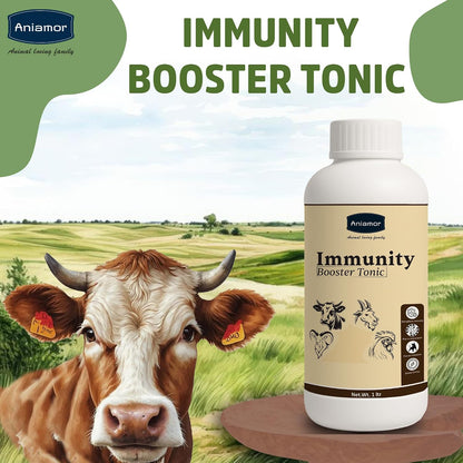 Aniamor Immunity Booster Tonic for Cattle, Cow, Buffalo, Goat, Sheep & Broilers | Vitamin A, D3, E, B12 with Selenium & Yeast Extract | Liquid Feed Supplement for Growth & Productivity | 1 Litre