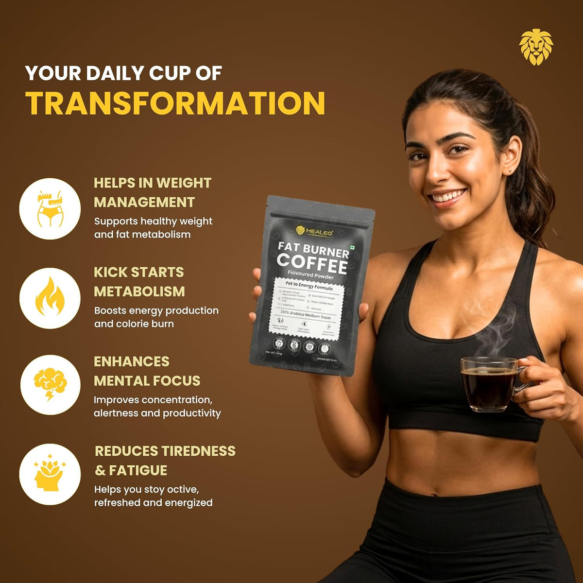 HEALEO Fat Burner Coffee 150g for Men & Women – Instant Coffee with MCT, L-Carnitine, Garcinia Cambogia & Green Coffee Bean Extract | Supports Healthy Weight Management