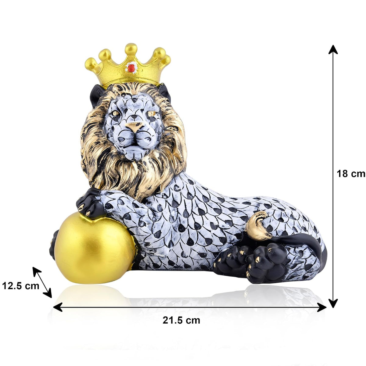 Royal Lion Figurine with Gold Crown | Handcrafted Artistic Decor | Elegant Home Accent with Golden Sphere |Black and White Scale Design