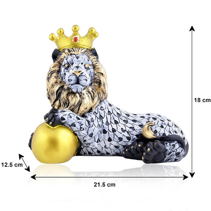 Royal Lion Figurine with Gold Crown | Handcrafted Artistic Decor | Elegant Home Accent with Golden Sphere |Black and White Scale Design