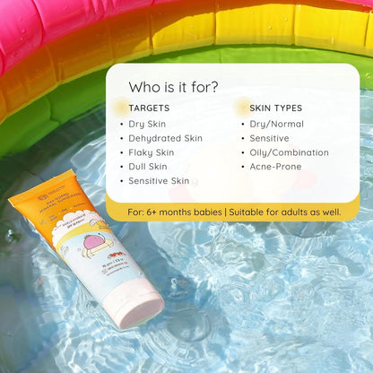 Tube of sunscreen with a pool in the background, targeting various skin types.