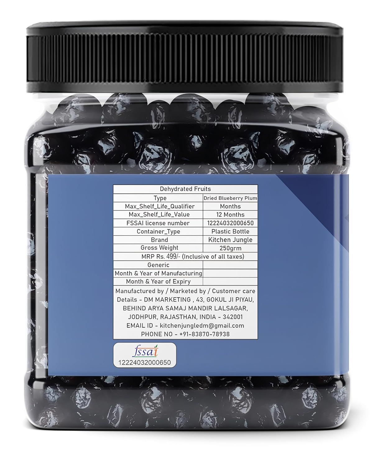 Kitchen Jungle Fresh Dried Blueberry 250 GM | Sweet and Delicious | Healthy Snack, Rich in Calcium, Vitamin K, Boost Immunity
