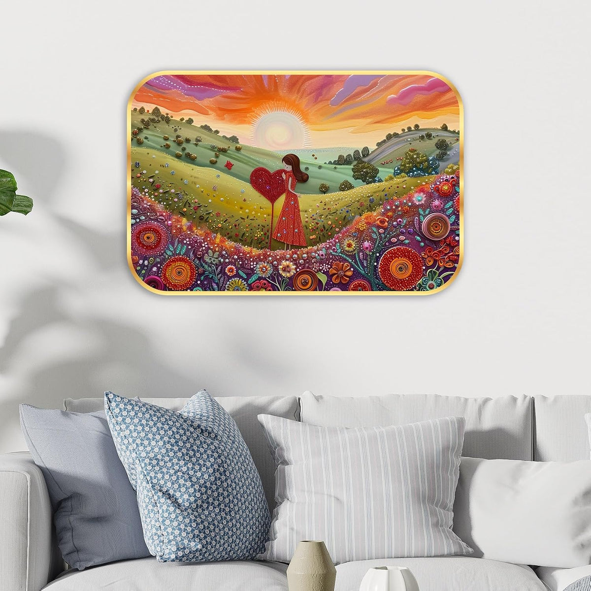 Beautiful Nature scenery modern art Premium Sparkle Lamination Finished Surface Golden Slim Frame 35 cm x 28 cm Large Size, For Home/Office/Hotel painting KG53