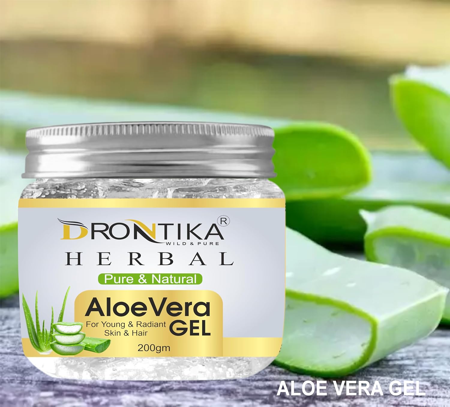 Jar of Drontika Herbal Aloe Vera Gel with aloe vera leaves in the background