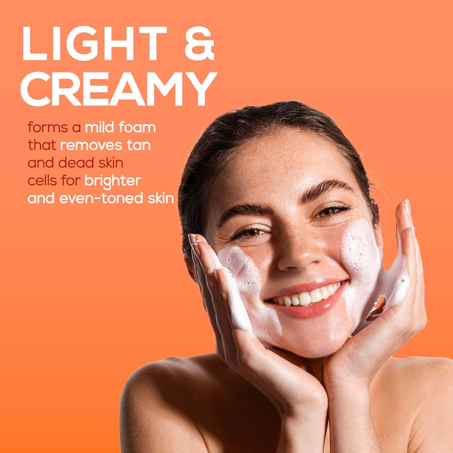 Woman applying a light and creamy skincare product with text on an orange background