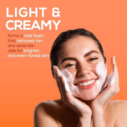 Woman applying a light and creamy skincare product with text on an orange background