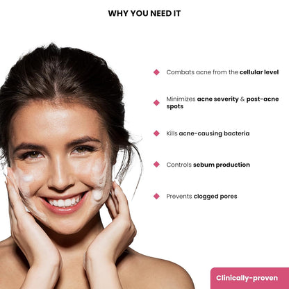 Woman applying cream to her face with text about skincare benefits on a white background