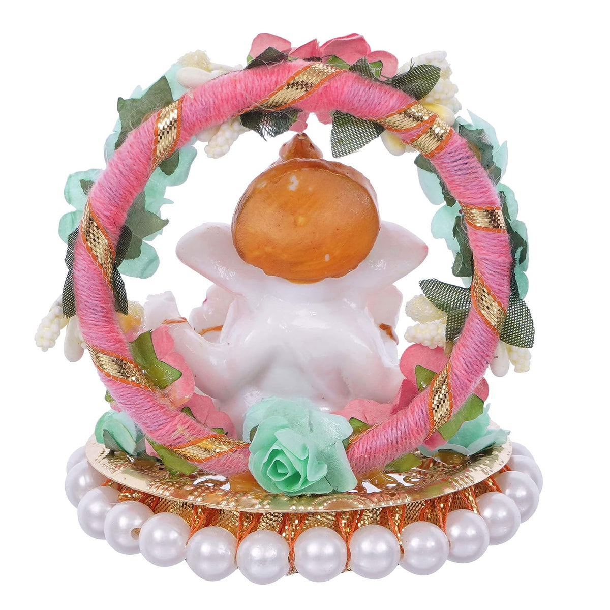 Lord Ganesha Idol on Decorative Handcrafted Plate with Throne of Pink and Green Flowers