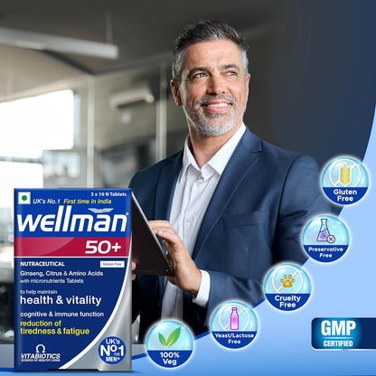 Wellman 50+ Multivitamin Tablets for Men Aged 50+ | Ginseng, Citrus & Amino Acids | Support Health & Vitality | Boost Cognitive & Immune Function | Reduce Tiredness & Fatigue | 30 Veg Tablets