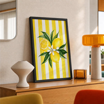 Lemon Wall Art Framed Painting for Home Decor, Citrus Fruit Botanical Artwork Wall Decor for Living Room Bedroom Kitchen Dining Room, Yellow Retro Aesthetic Room Decoration (DGN07-Black10x13 inch)