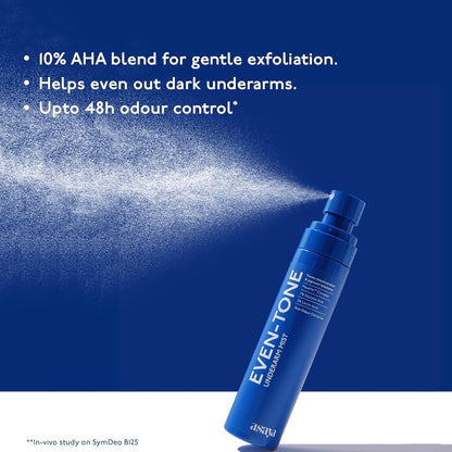 Blue spray bottle labeled 'EVEN-TONE' with product features on a blue background