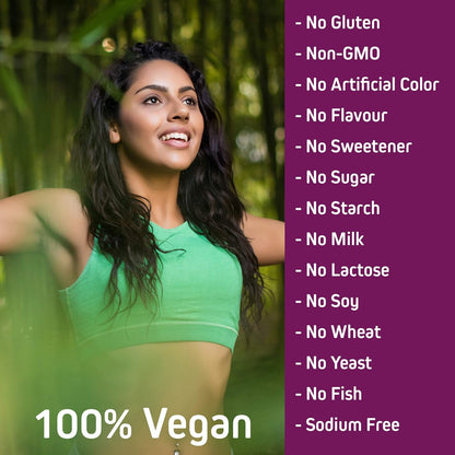 Woman in green sports bra with 100% Vegan text and health benefits listed on a purple background