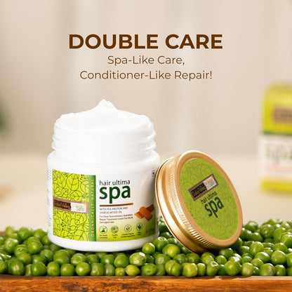 Hair care product with spa branding on a wooden surface with green peas