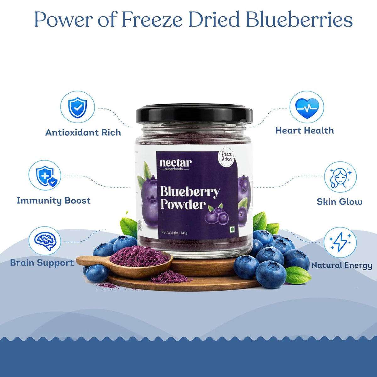 Nectar superfood Freeze Dried Blueberry Powder - 60 grams Jar-Pack of 1 Nos 100% Natural | No Added Sugar, Preservative-Free & Vegan | Processed in India