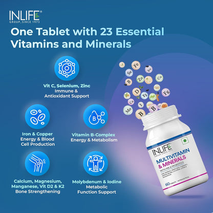 INLIFE Multivitamin Tablets For Men & Women with Ginseng & Prebiotic Probiotic | Multivitamin Supplement with Vitamin B12, C, D, E, Zinc & Biotin Nutrition Tablet (60 Tablets)