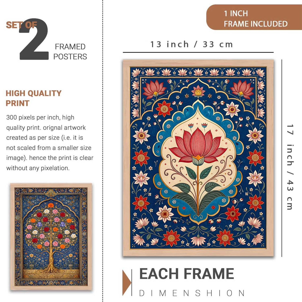 Decorative Indian Traditional Madhubani Wall Art Home Decor Painting poster With Frame For Living Room Bed Room Hotel Wall Decor Digital Reprint Set of 2 (13X17 inch)