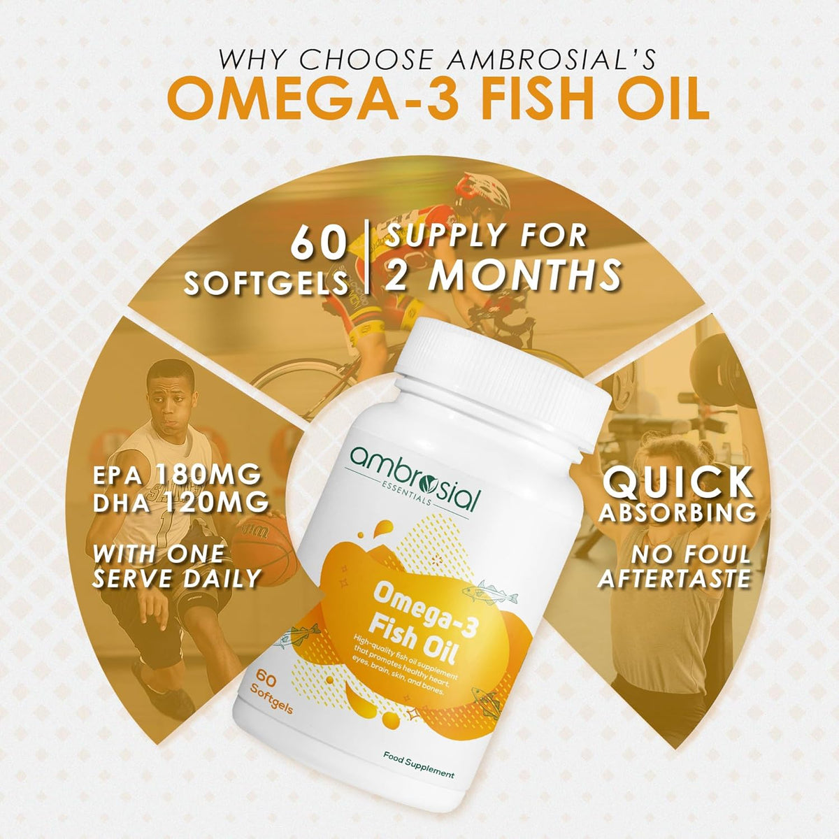 Ambrosial Omega-3 Fish Oil supplement packaging with text highlighting features on a light background