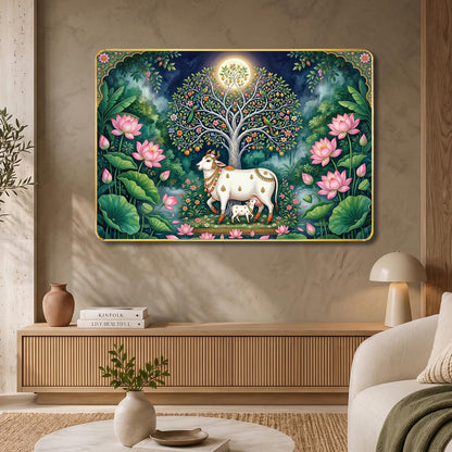 Kamdhenu Cow with Calf Under Kalpavriksha Tree Wall Painting for Living Room Bedroom | Pichwai Style Wooden Golden Stripe Framed Wall Decor (12x18 inch)