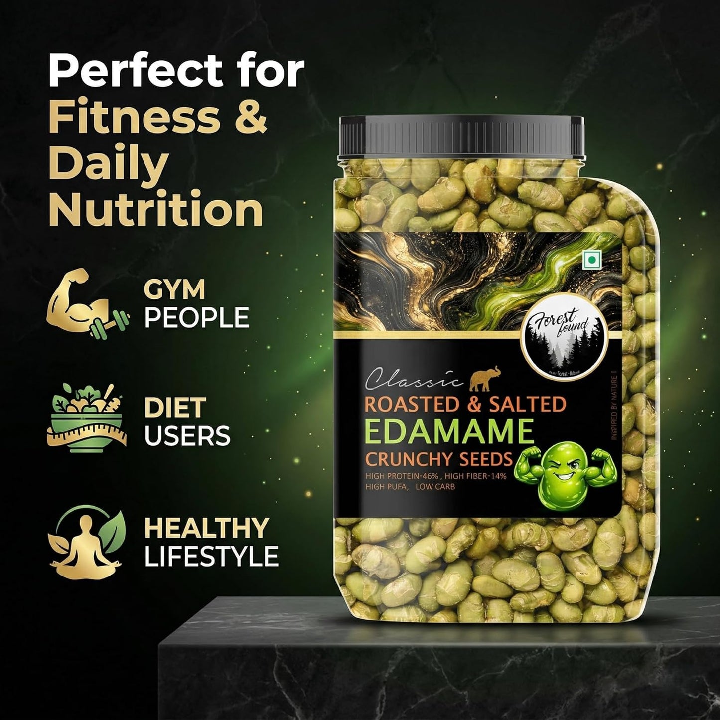Forest Found Roasted & Salted Edamame (300g) Beans | 46% High Protein & 14% Fiber | Oil-Free Vacuum Roasted Crunchy Seeds | Low Carb, Plant-Based Protein Healthy Snack | Young Green Soybeans