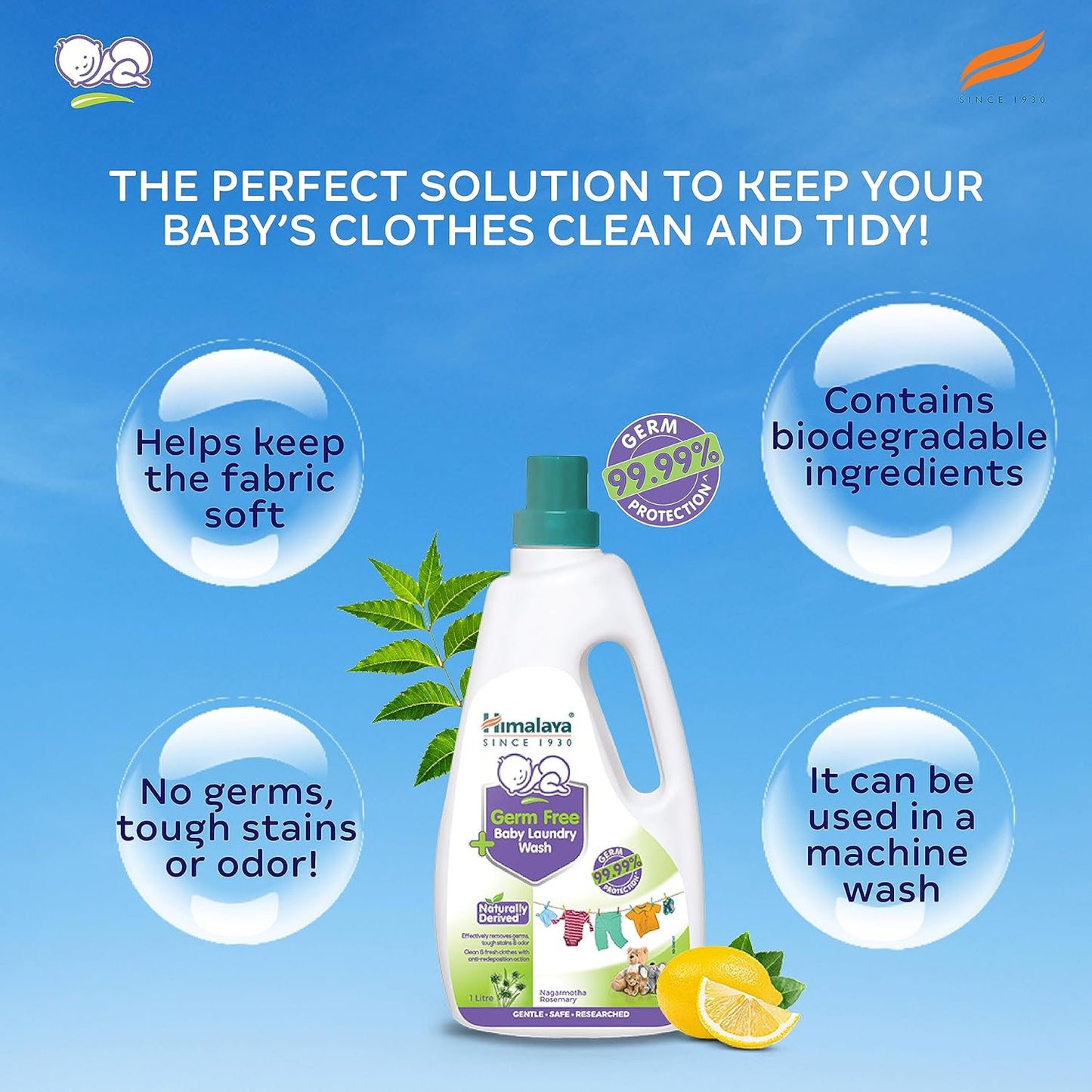 Baby laundry detergent bottle with text highlighting its benefits on a blue background