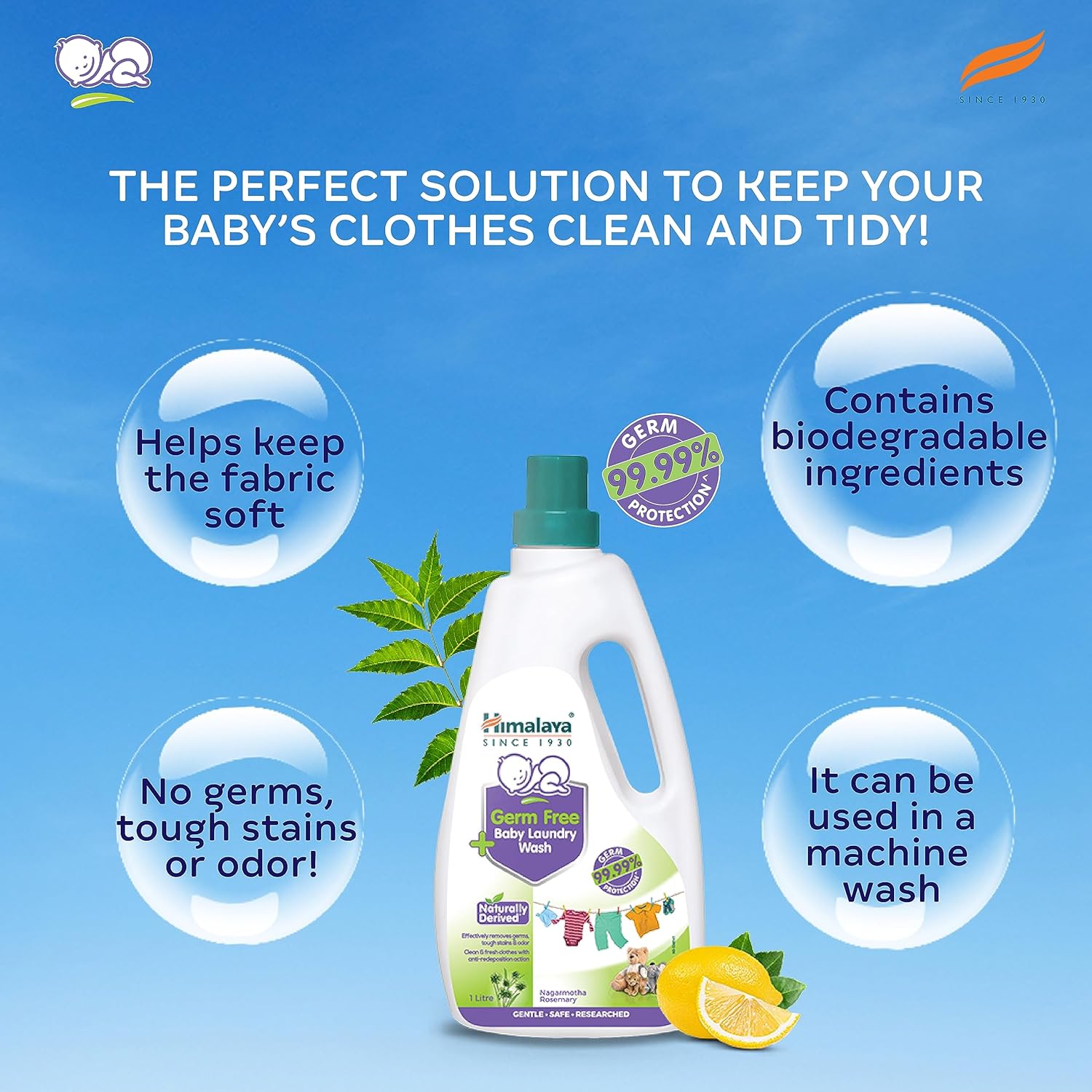 Baby laundry detergent bottle with text highlighting its benefits on a blue background