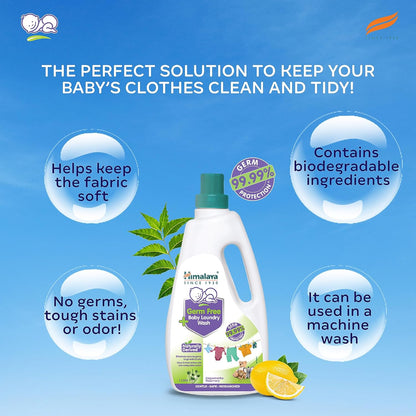 Baby laundry detergent bottle with text highlighting its benefits on a blue background