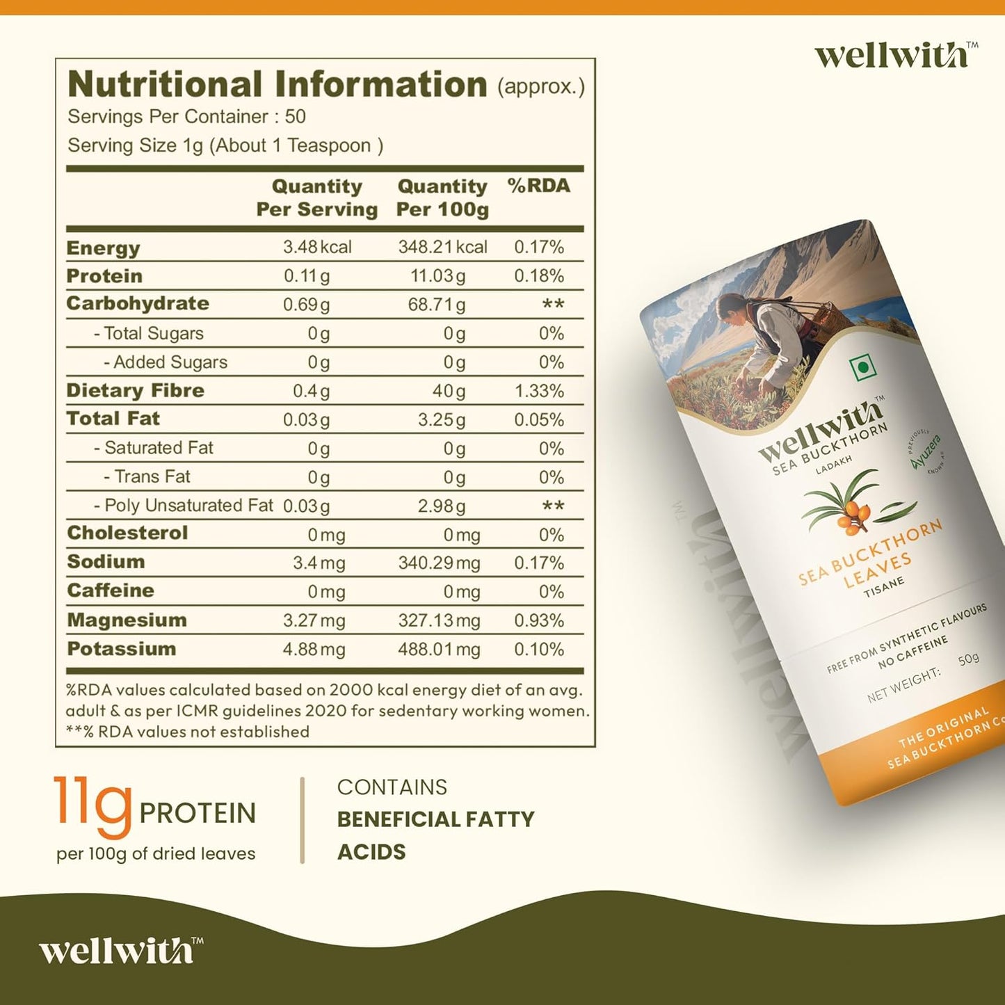 Wellwith by Ayuzera Sea Buckthorn Raw Leaves Tea, Good For Skin and Immunity, For a Healthy Lifestyle - Himalayan Herbal Tea - Pure & Natural (250g)