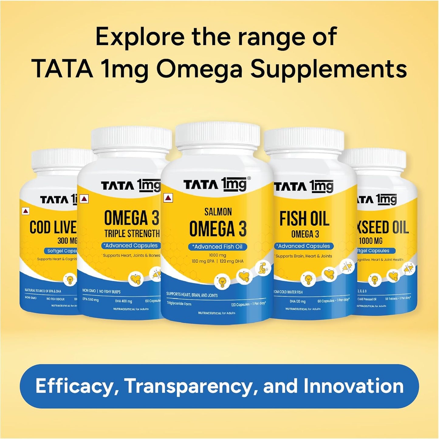 Tata 1mg Salmon Omega 3 Fish Oil Supplements 1000mg - 120 Capsules |Triglyceride form | 180mg EPA & 120mg DHA | High Absorption for Heart,Brain & Joints | Helps Manage Cholesterol