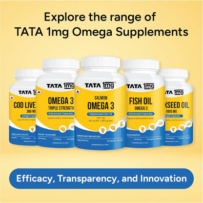 Tata 1mg Salmon Omega 3 Fish Oil Supplements 1000mg - 120 Capsules |Triglyceride form | 180mg EPA & 120mg DHA | High Absorption for Heart,Brain & Joints | Helps Manage Cholesterol