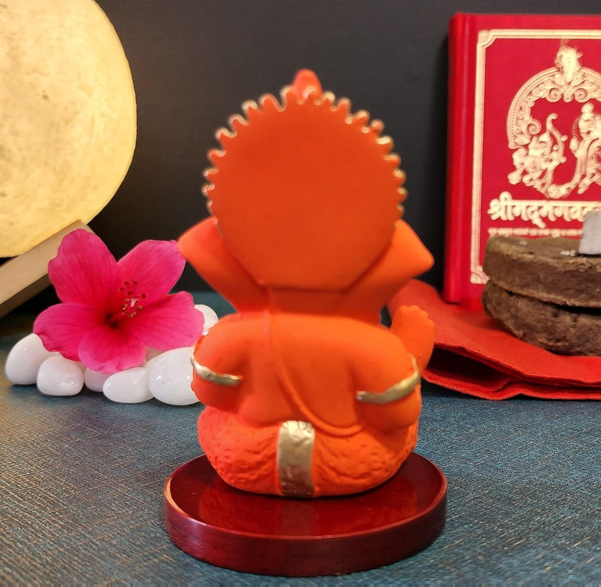 Handcrafted Poly Resin Ganesha Statue with Base - Perfect for Car Dashboard, Office Desk, Shelves, and Home Decor - Ideal Housewarming Gift! (OrangeMukutwithbase)