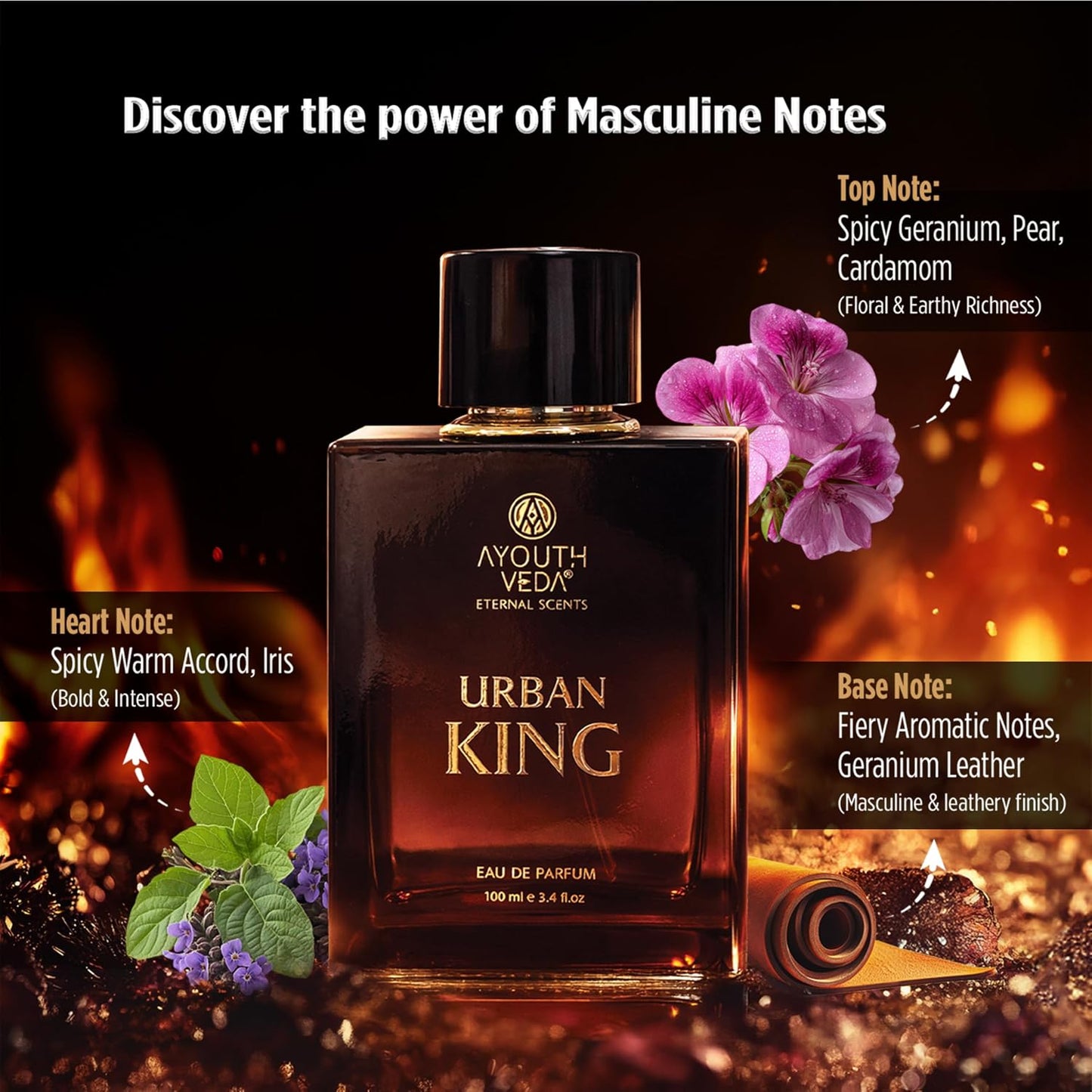 Ayouthveda Urban King Eau De Parfum for Men | Long-Lasting Luxury Perfume | Geranium, Patchouli, Spicy Warm Accord & Leather Notes | Bold & Confident All-Day & Night Fragrance | 100ml