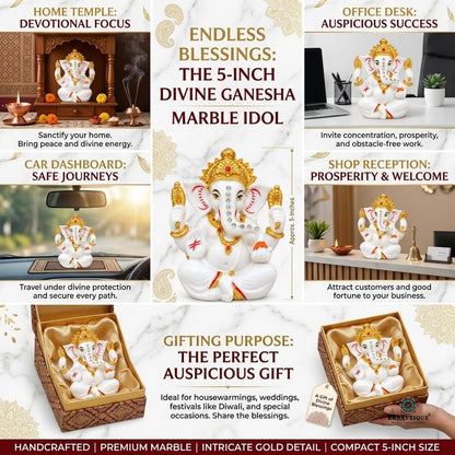 Maha Ganapati Idol White Marble Statue, Matte Finish Ganesh Murti for Puja, Mandir, Home Decor, Ganesh Chaturthi, Diwali, Festive Decoration & Religious Gifting