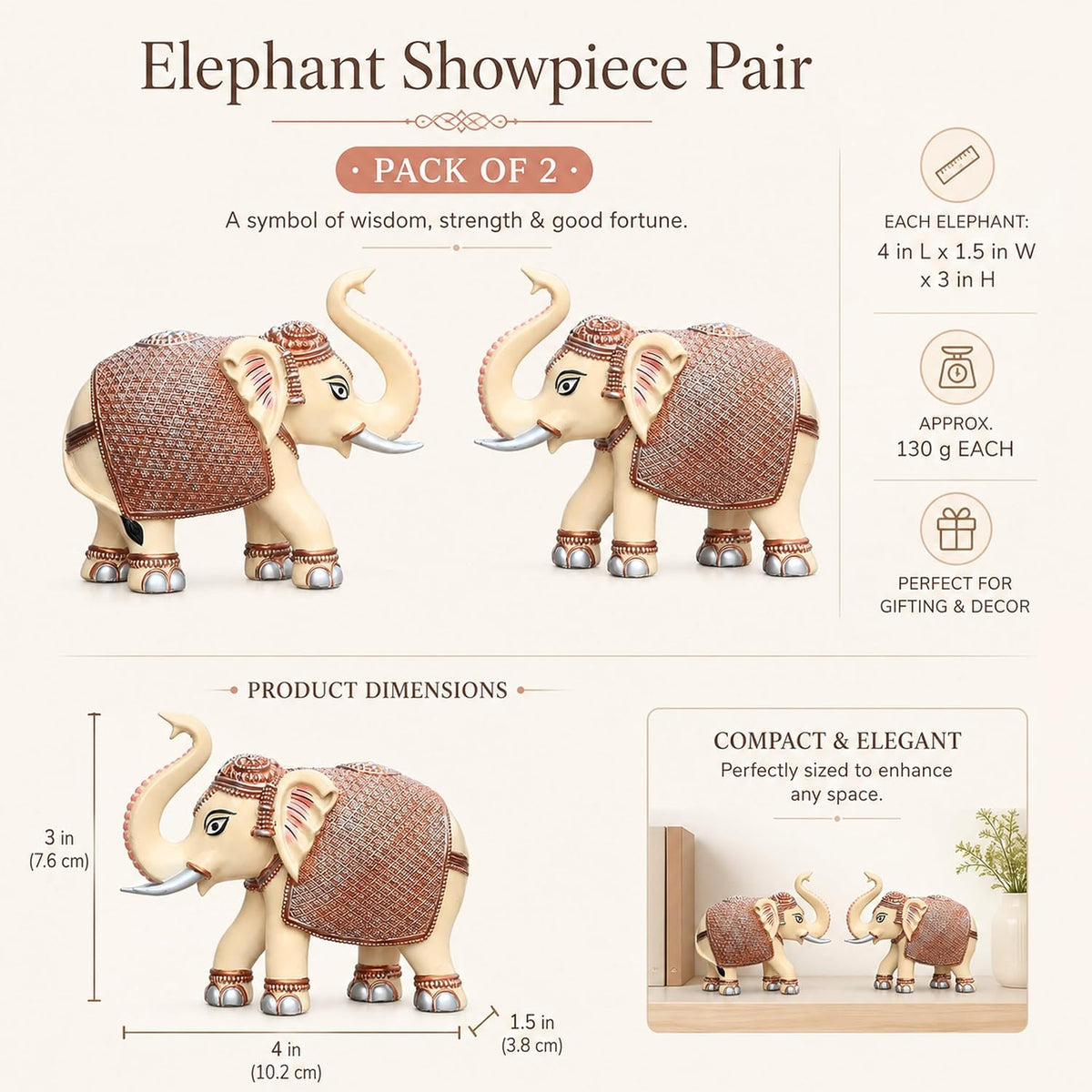 Peach Cream Mini Elephant Showpiece Pair, Car Dashboard, 3 Inch