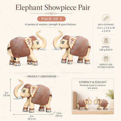 Peach Cream Mini Elephant Showpiece Pair, Car Dashboard, 3 Inch